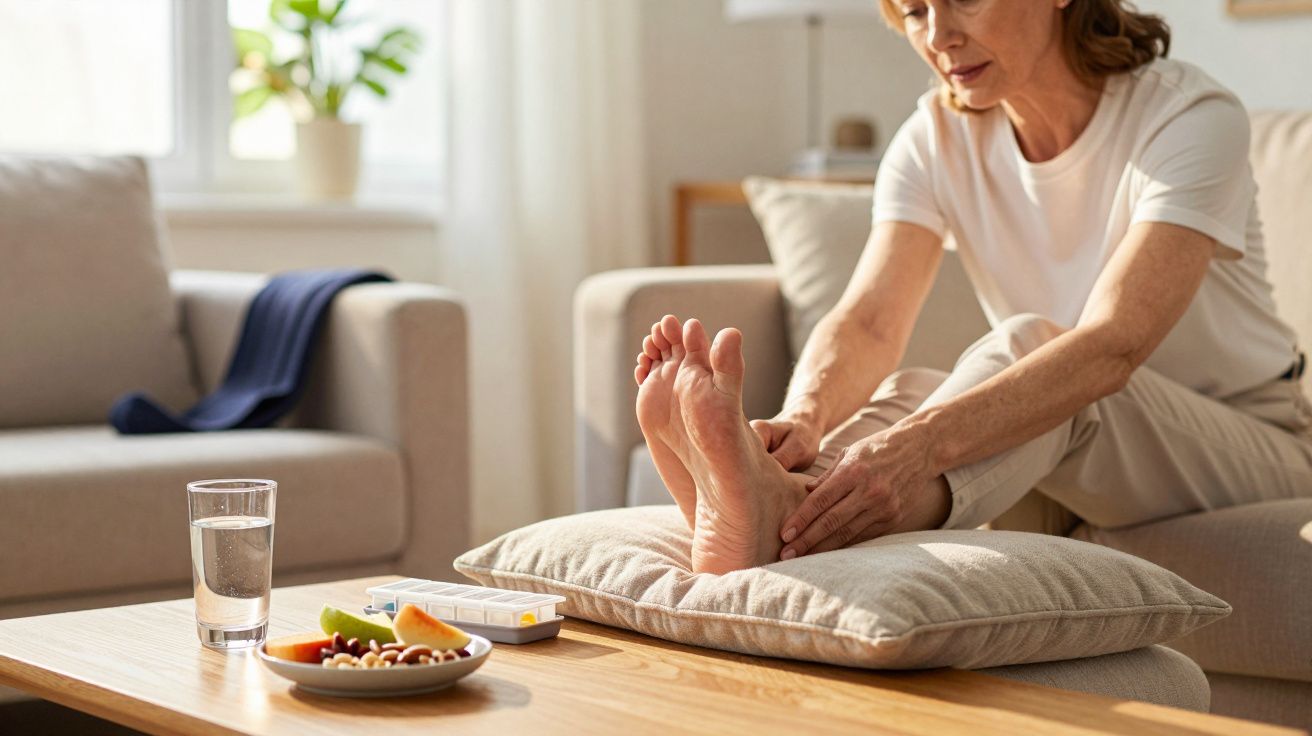 Mulher sentada no sofá massageando os pés, com comprimidos, copo de água e frutas na mesa à frente.