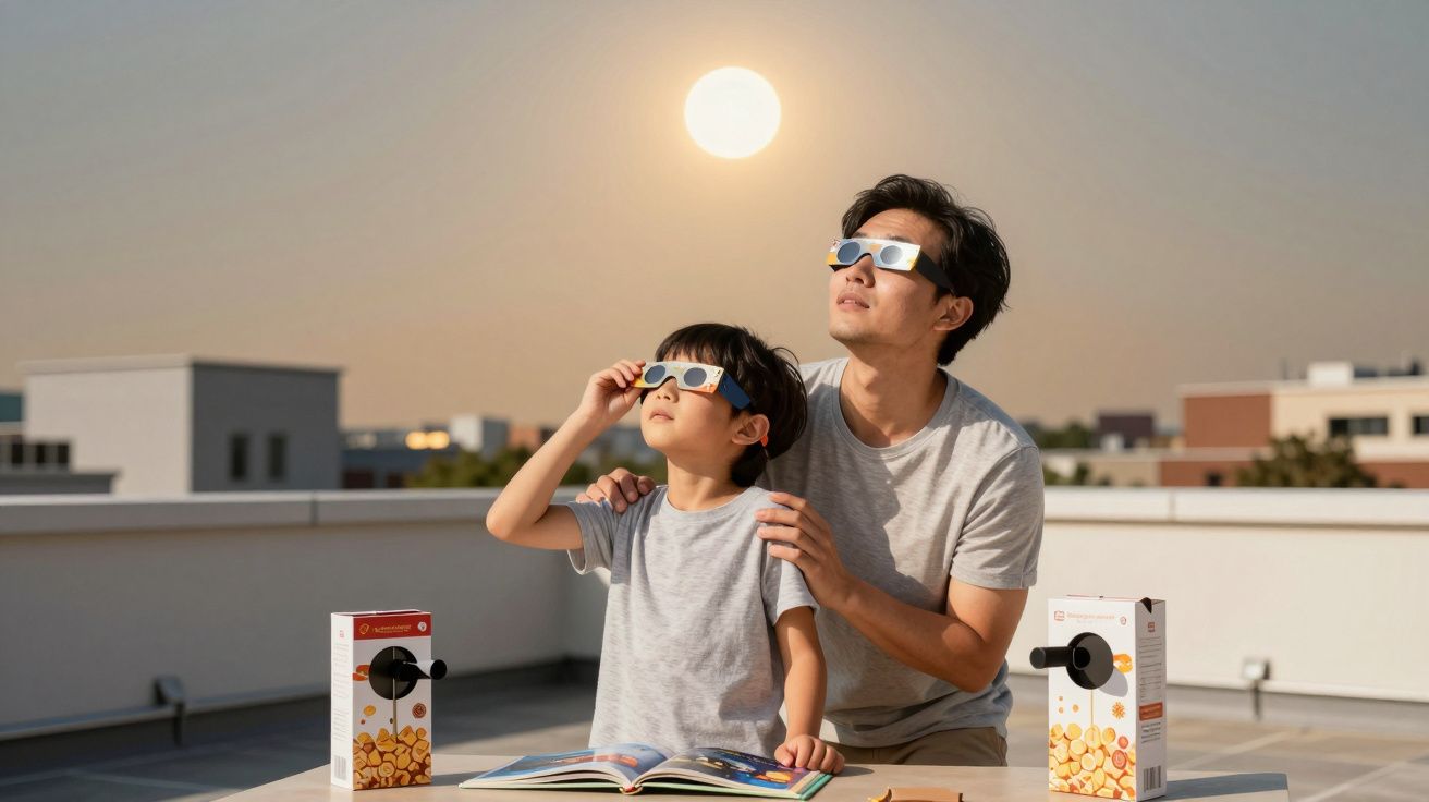 Homem e criança usando óculos especiais para observar o sol durante o dia em um telhado.