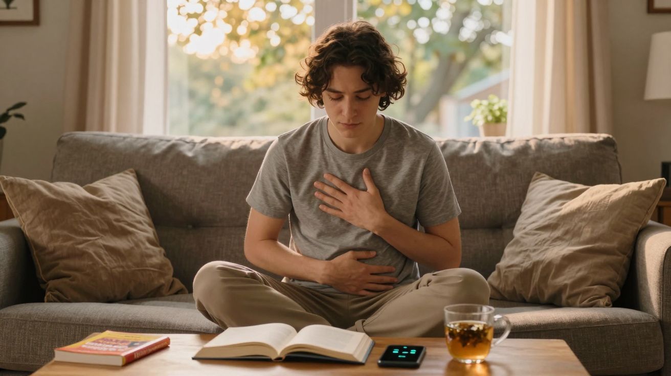 Jovem sentado no sofá com expressão de dor, segurando o peito e a barriga, com livros e chá na mesa.