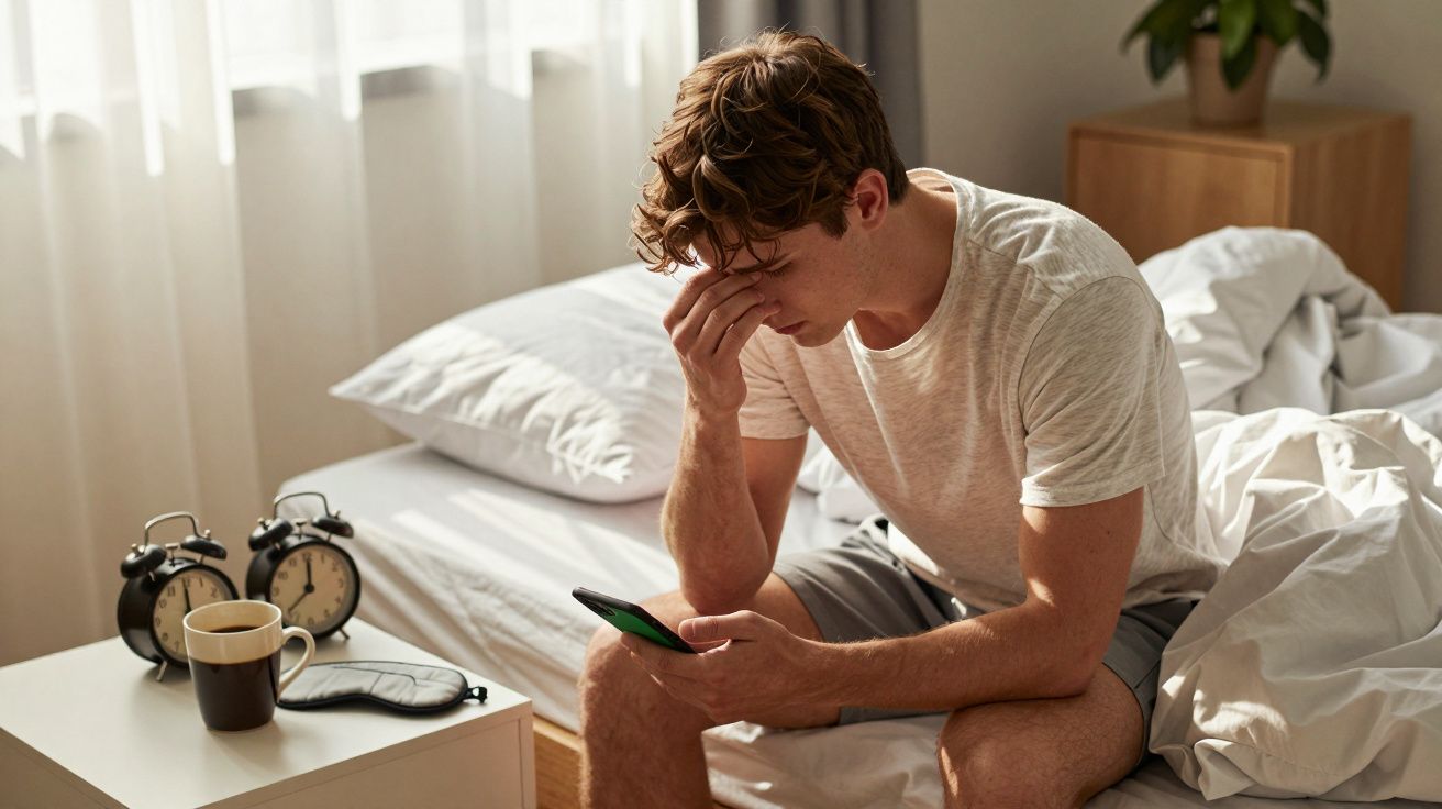 Homem sentado na cama, com expressão preocupada, olhando para o celular em um quarto iluminado.