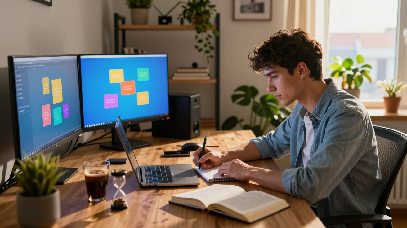 Jovem estudando em mesa com laptop, dois monitores, caderno aberto e copo de café em ambiente iluminado natural.