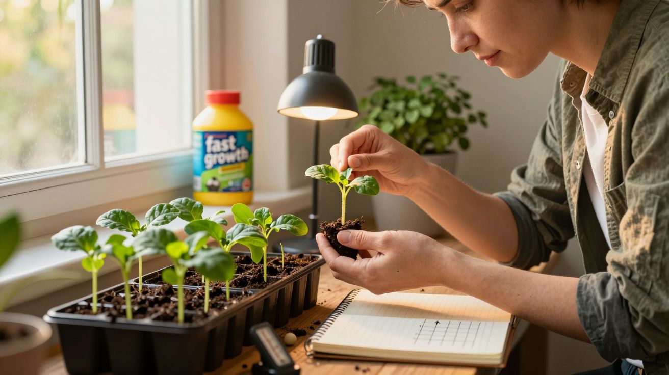 Pessoa cuidando de muda em recipiente com várias plantas ao lado de caderno e frasco de fertilizante.