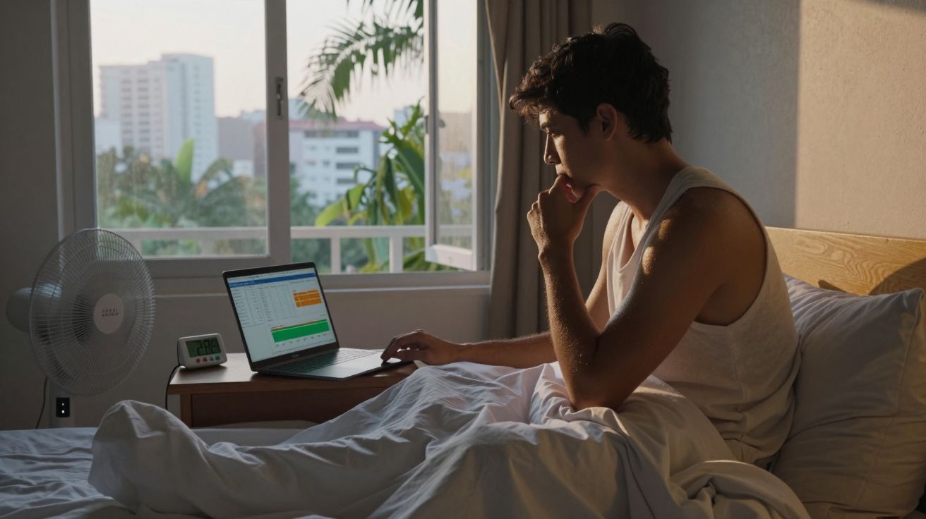 Jovem sentado na cama usando laptop em quarto iluminado pela luz do dia, com ventilador e relógio ao lado.