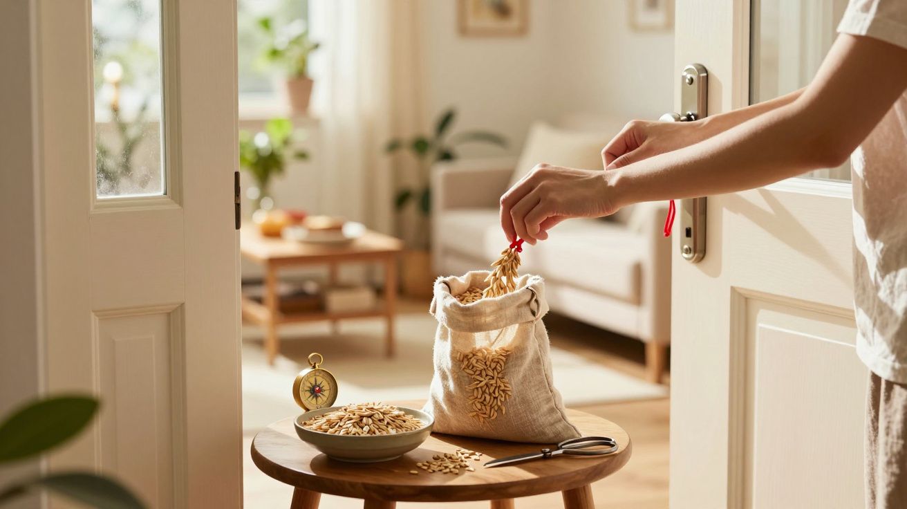 Mão segurando sementes que caem em saco de pano em mesa de madeira com bússola e faca em sala clara.