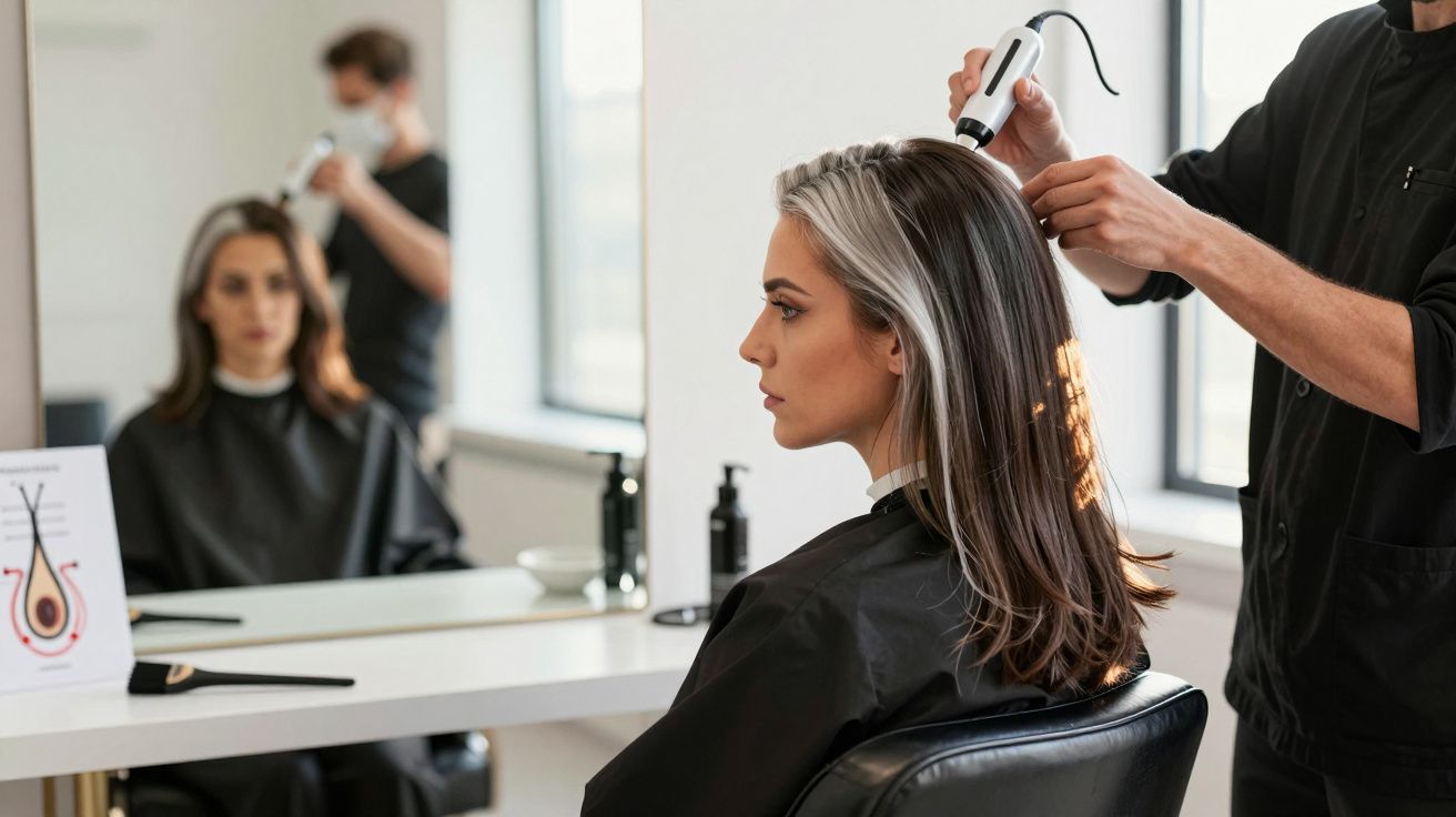 Mulher recebendo exame capilar com aparelho eletrônico em salão de beleza moderno.