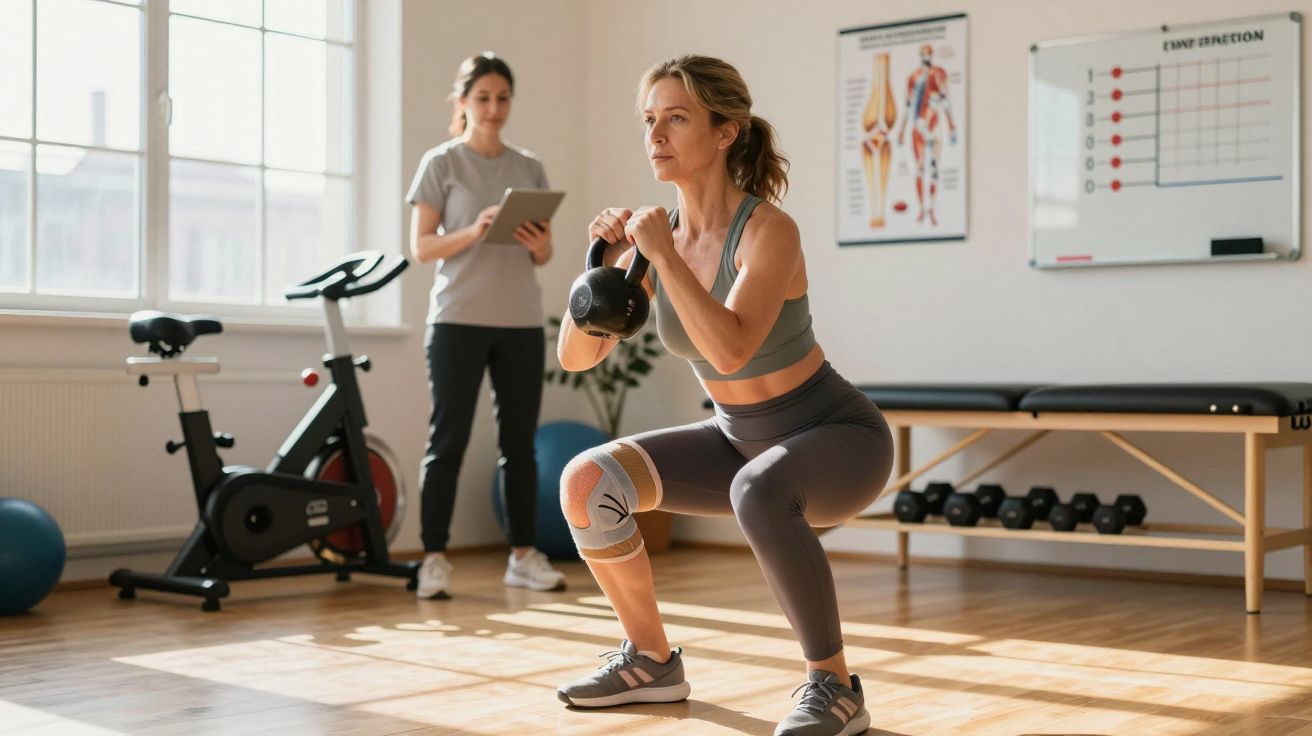 Mulher fazendo agachamento com kettlebell, acompanhada por treinadora em ambiente de academia.