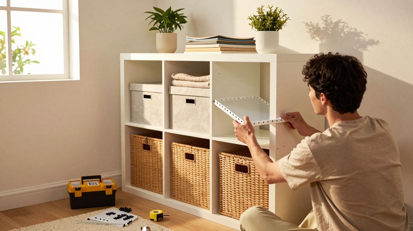 Homem montando estante branca com cestos de vime, caixas cinzas e plantas em ambiente iluminado.
