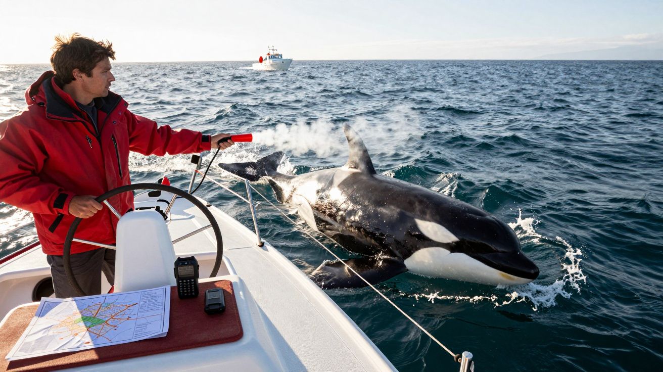 Homem a bordo de um barco libera fumaça próxima a uma orca no mar aberto em um dia claro.