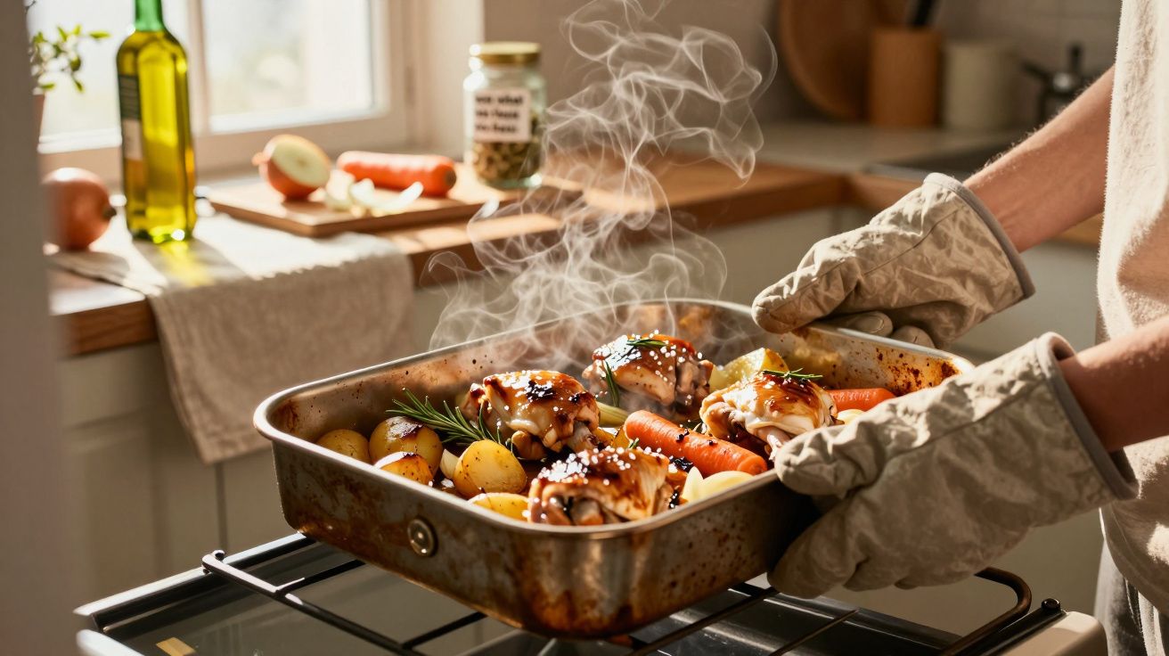 Pessoa retirando assadeira com frango assado, batatas e cenouras do forno em cozinha iluminada pela manhã.