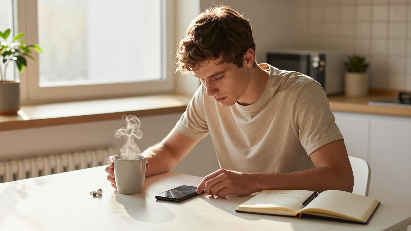 Jovem sentado à mesa com caneca de bebida quente, celular e caderno aberto em ambiente iluminado.