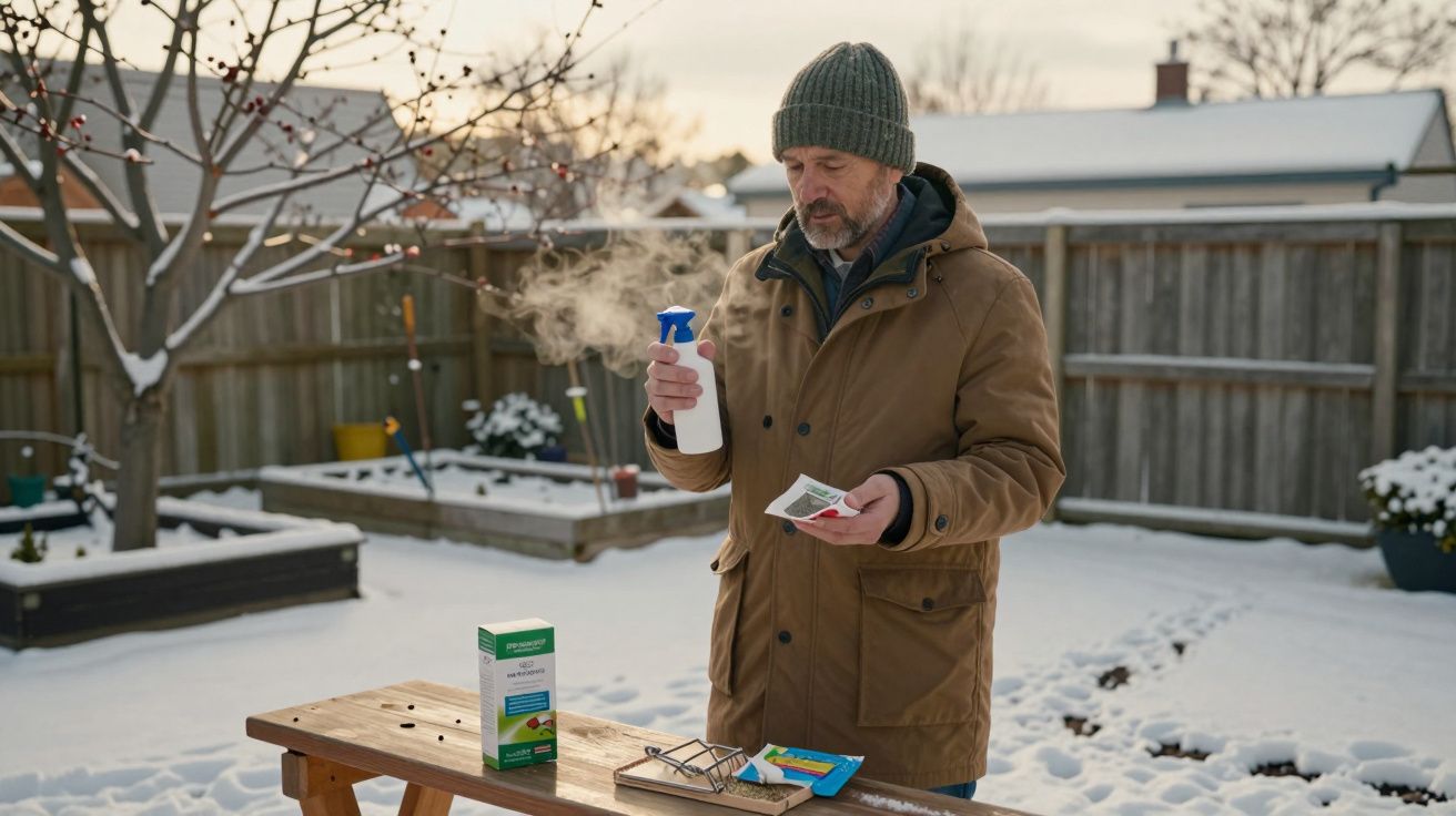 Homem com casaco marrom e gorro verde aplicando spray em isca dentro de armadilha para ratos na neve.