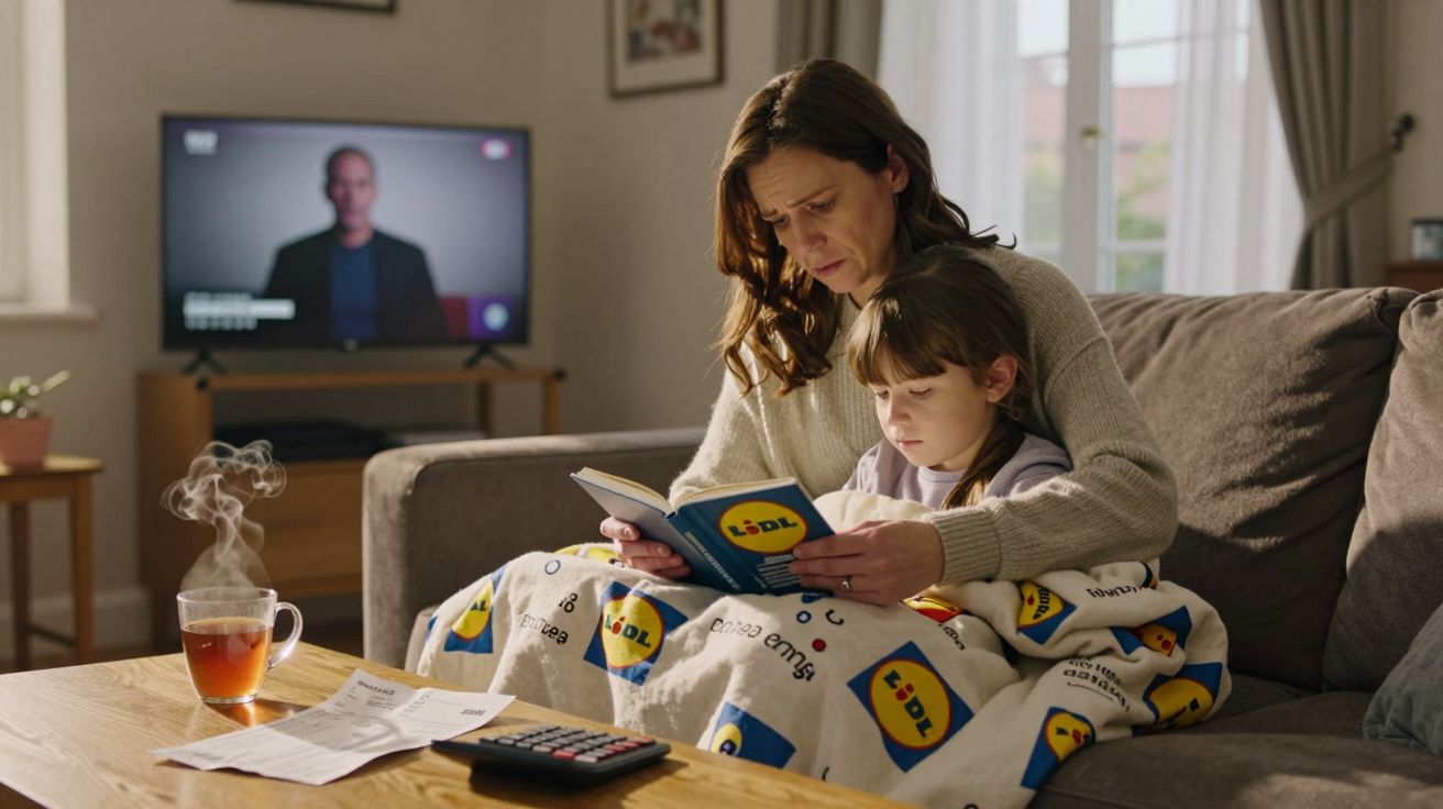 Mulher e criança lendo juntas no sofá com cobertor do Lidl, chá quente e contas na mesa à frente.