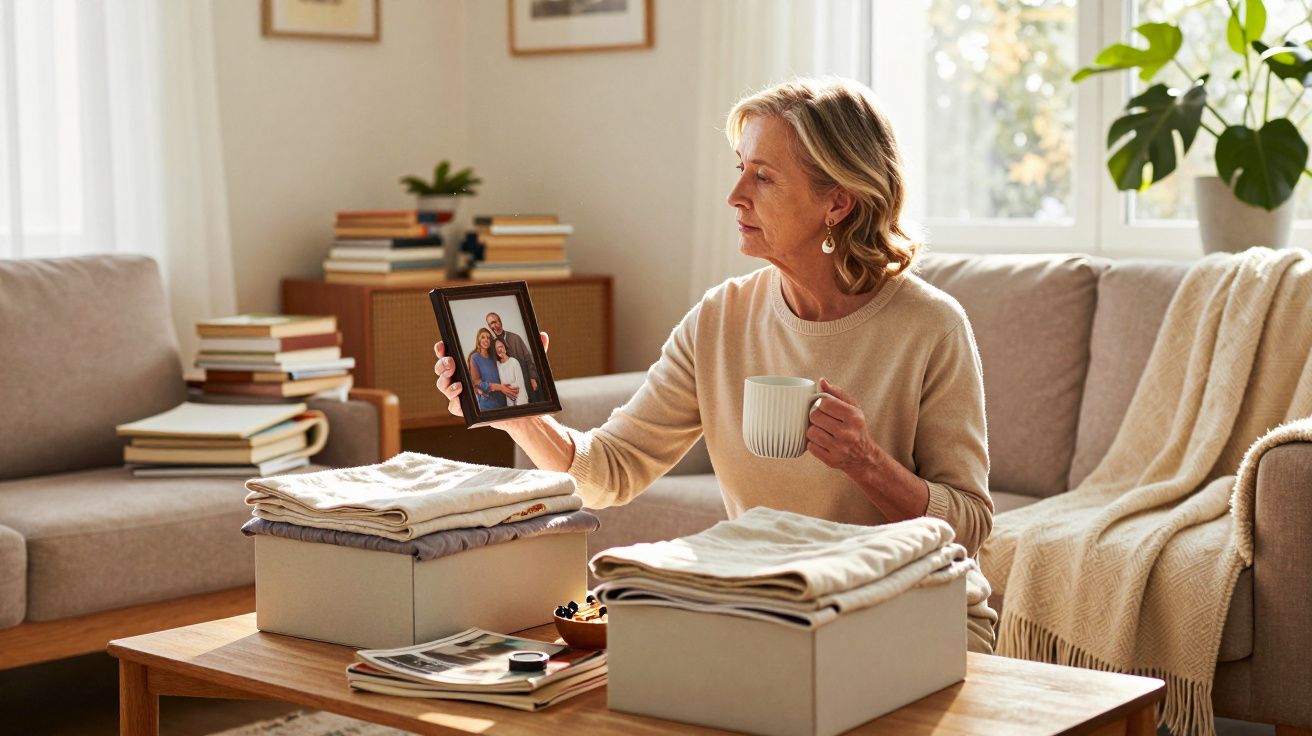 Mulher idosa sentada em sala, segurando foto de família e caneca, com caixas e roupas sobre a mesa.