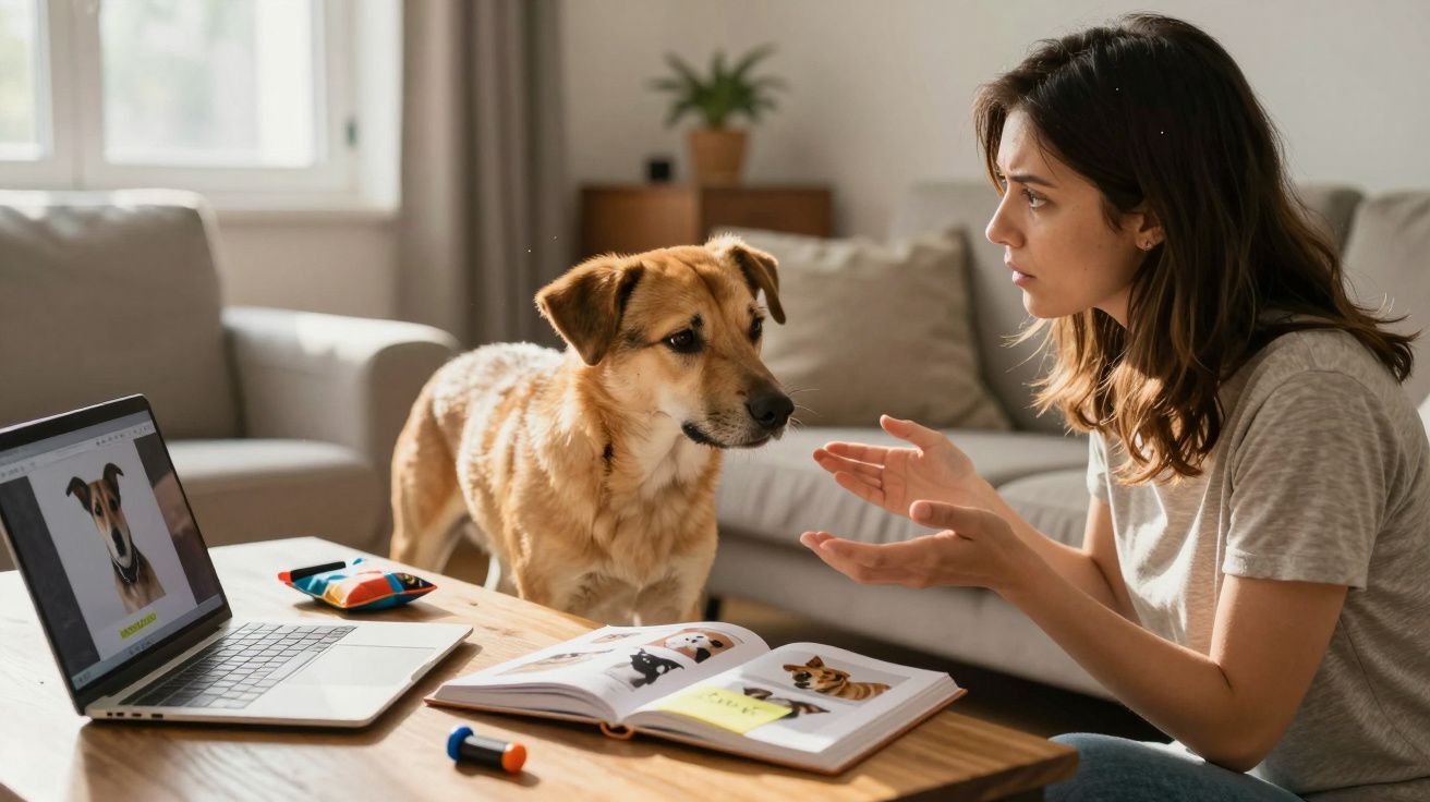 Mulher interage com cachorro enquanto estuda sobre cães em livro e laptop numa sala de estar.