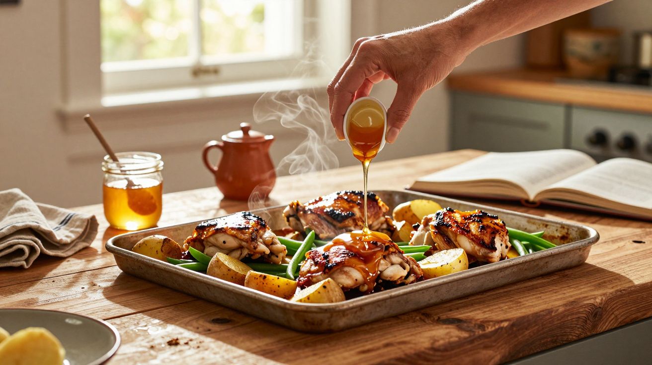 Mão derramando mel sobre frango assado com batatas e vagem em assadeira na cozinha iluminada.