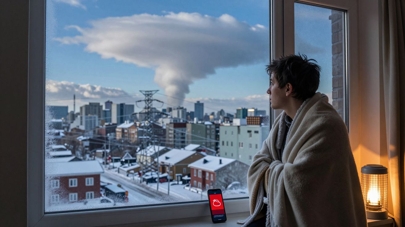 Pessoa com cobertor observando cidade nevada pela janela, telefone mostrando previsão de tempo frio.