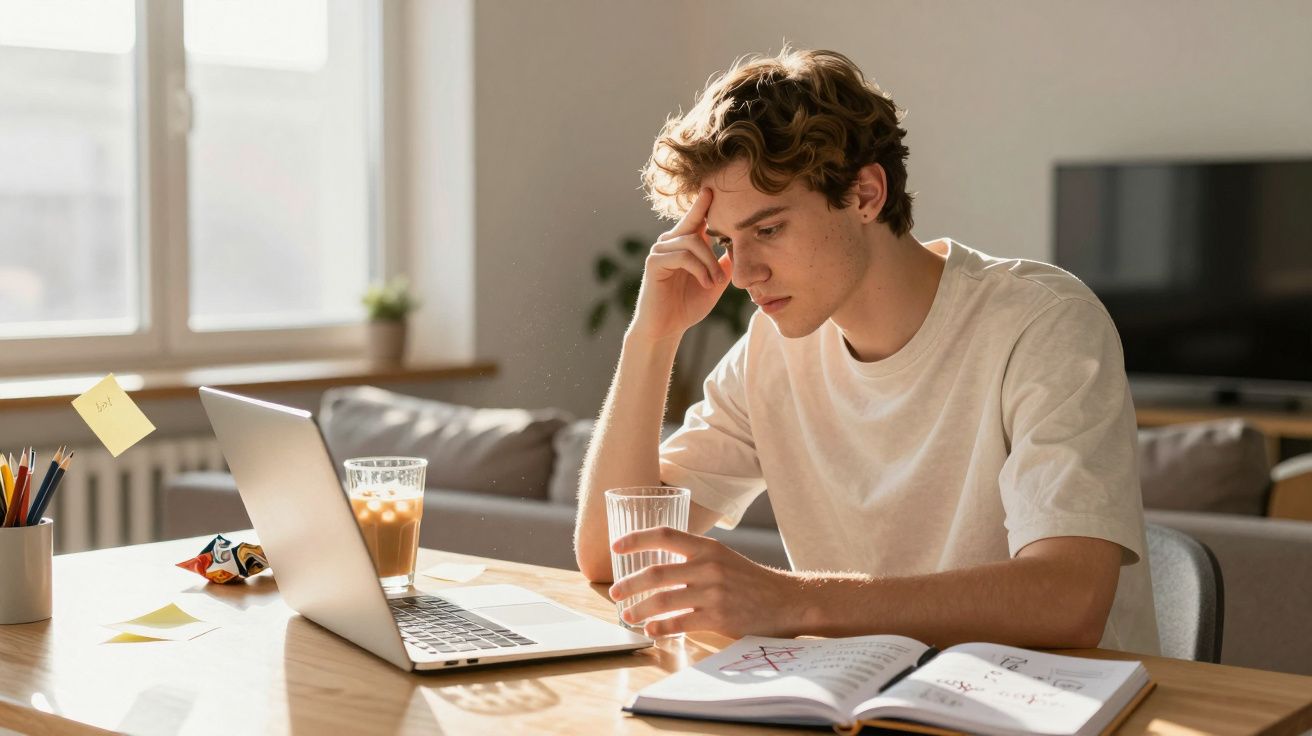 Jovem sentado à mesa com laptop e livro aberto, concentrado e segurando um copo de água.