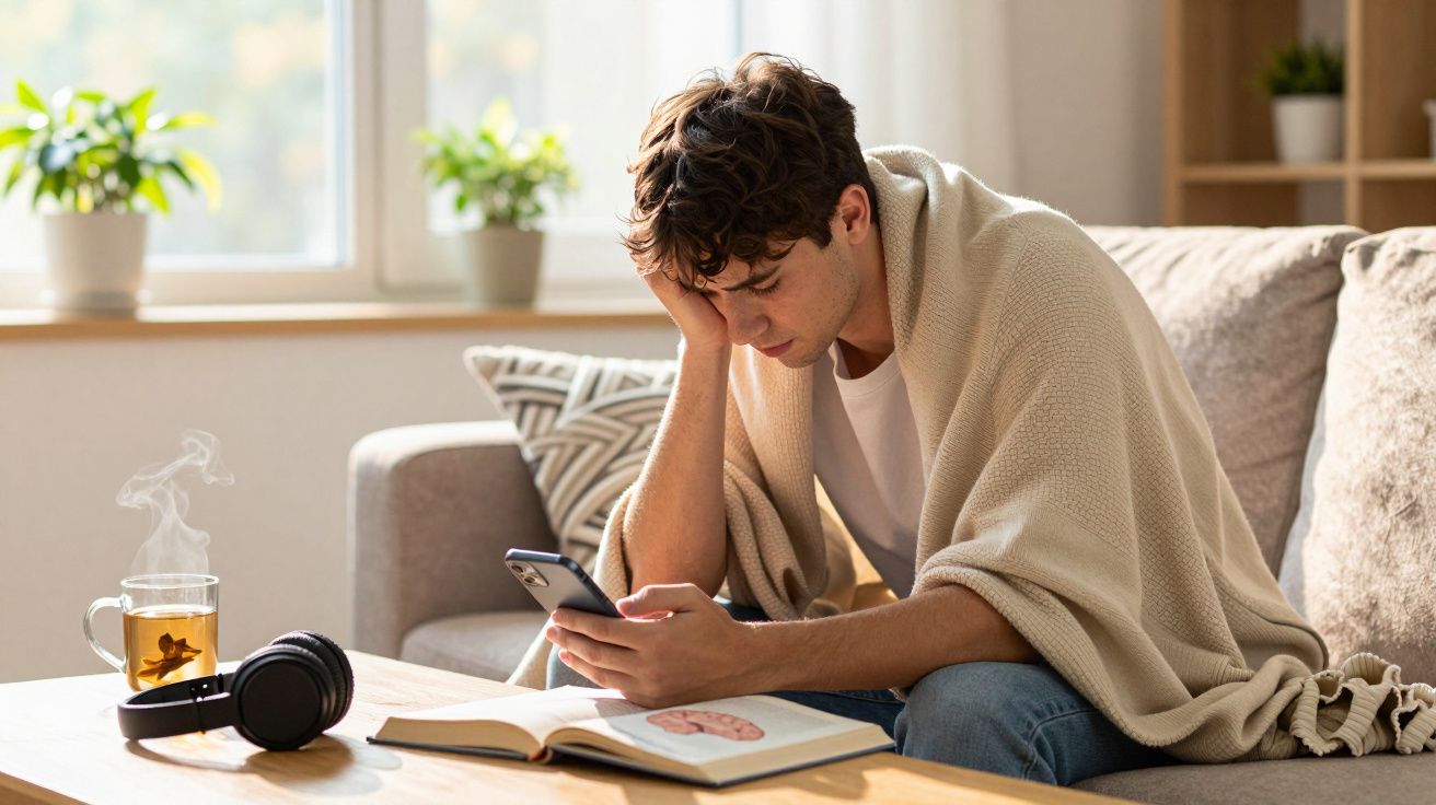 Jovem sentado no sofá, envolto em cobertor, olhando celular, com livro aberto e chá na mesa à sua frente.