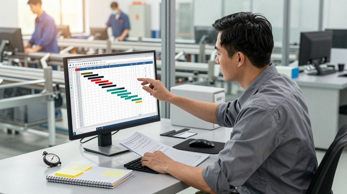 Homem analisando gráfico de barras coloridas em computador em ambiente de escritório moderno.