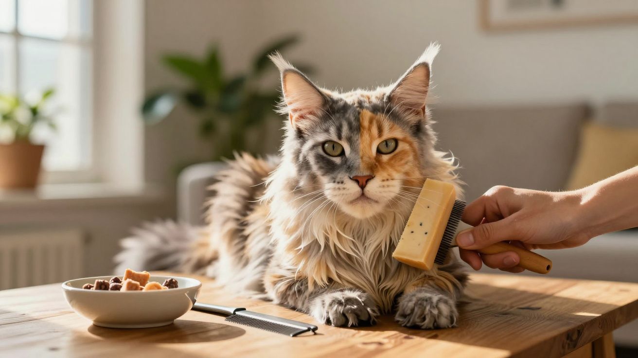 Gato malhado sendo escovado em mesa de madeira com pote de petiscos ao lado em ambiente iluminado.