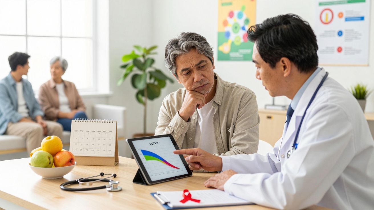 Médico explicando gráfico em tablet para paciente em consulta, com outras pessoas ao fundo.