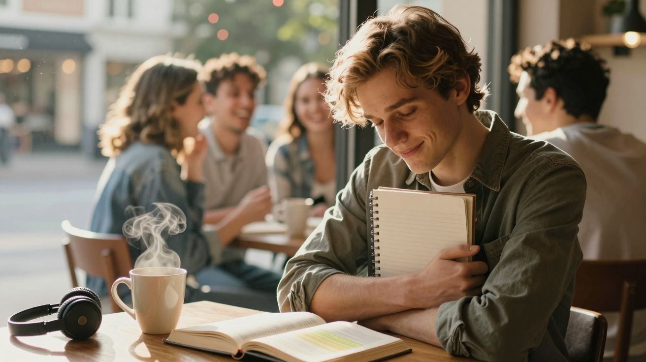 Jovem sorrindo abraça caderno em mesa com livro aberto, caneca de café e fones, grupo ao fundo em cafeteria.