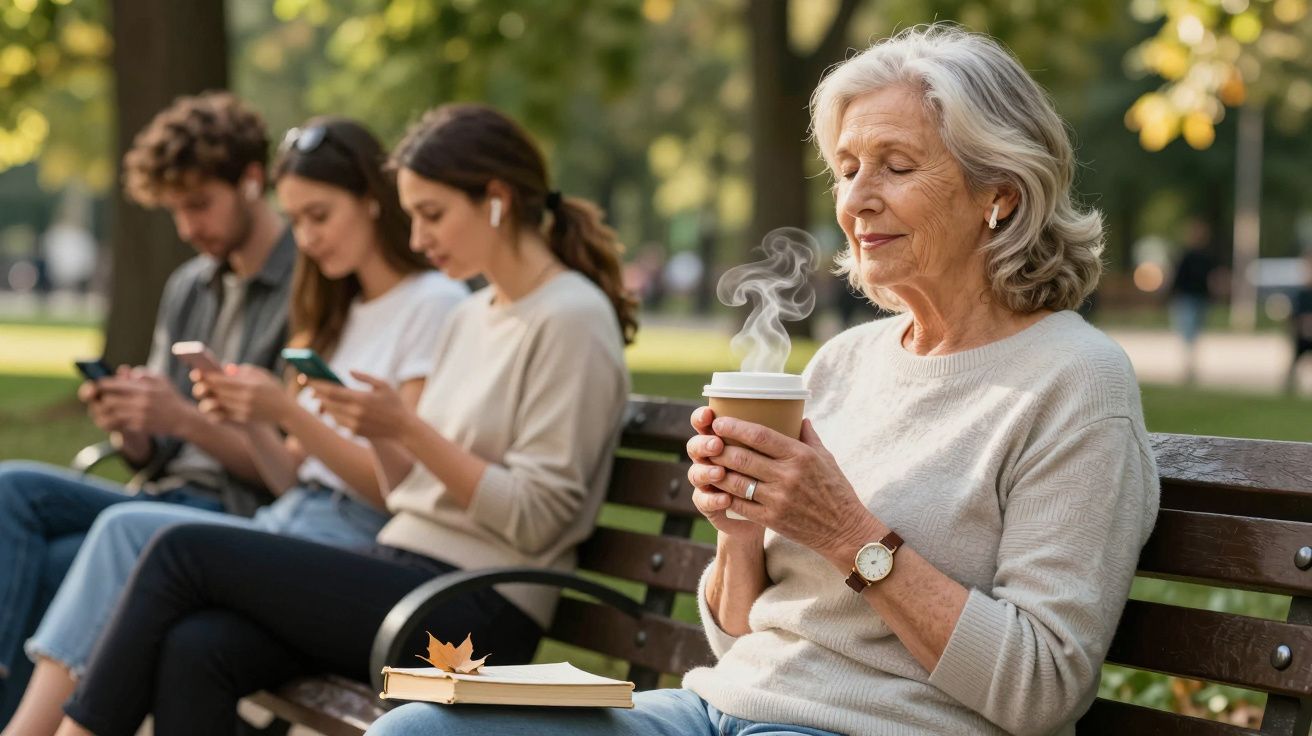 Idosa sentada em banco no parque segurando café quente, enquanto jovens usam celular ao fundo.