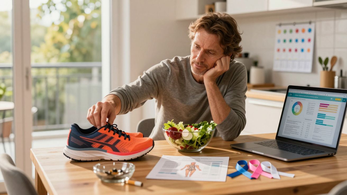 Homem pensativo ao lado de tênis, salada, laptop e fitas de conscientização em mesa de madeira.