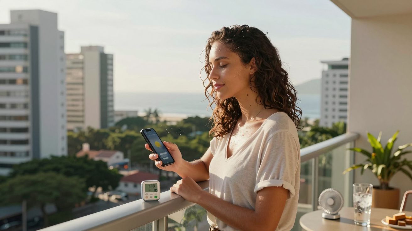 Mulher usando celular na varanda de apartamento com vista para prédios e mar ao fundo.