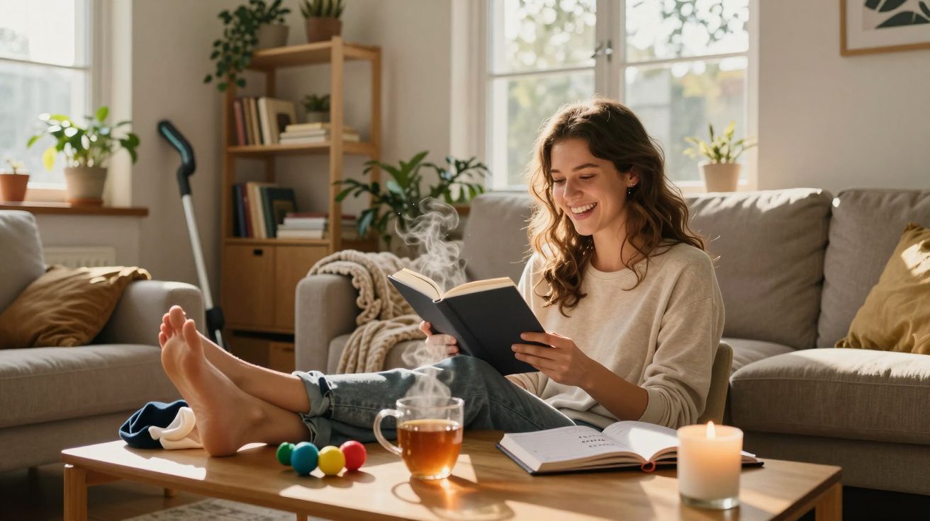 Mulher sorrindo lendo livro sentada no sofá com chá quente e vela acesa na mesa de centro.