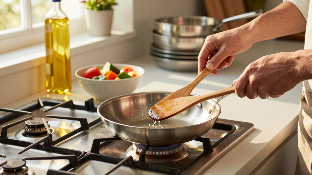 Mãos segurando colheres de madeira mexendo tempero em frigideira no fogão à gás em cozinha iluminada.