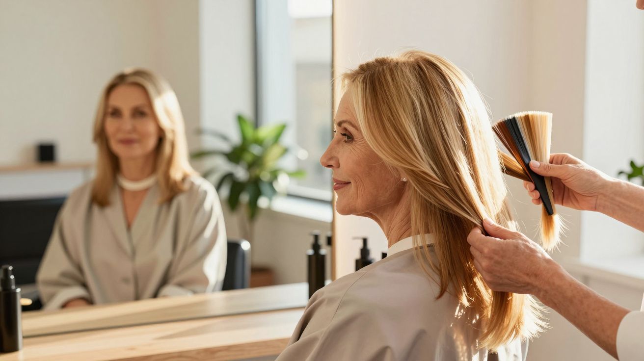 Mulher loira sentada em salão de beleza, estilista analisa cor do cabelo com amostras de tonalidades.