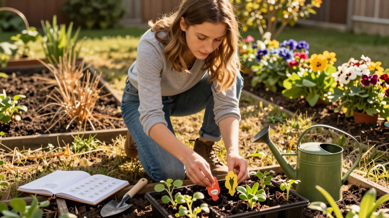 Jovem cuidando de mudas em canteiro de jardim, com regador e livro aberto ao lado.