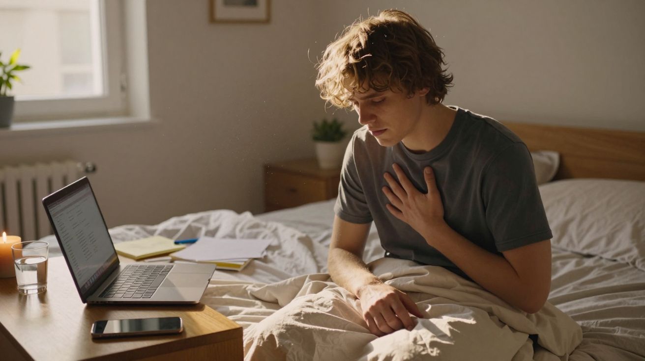 Jovem sentado na cama com expressão de dor no peito, ao lado de laptop e celular em mesa de cabeceira.