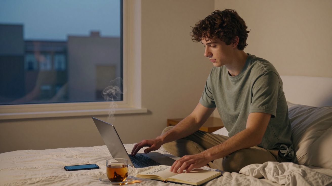 Jovem sentado na cama usando laptop, com chá quente e caderno aberto à sua frente, em ambiente interno à noite.