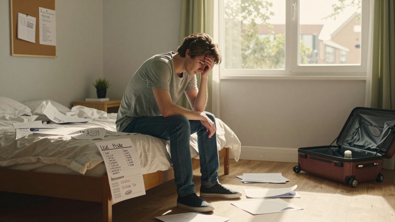 Jovem sentado na cama com expressão preocupada, rodeado de papéis espalhados no chão ao lado de mala aberta.