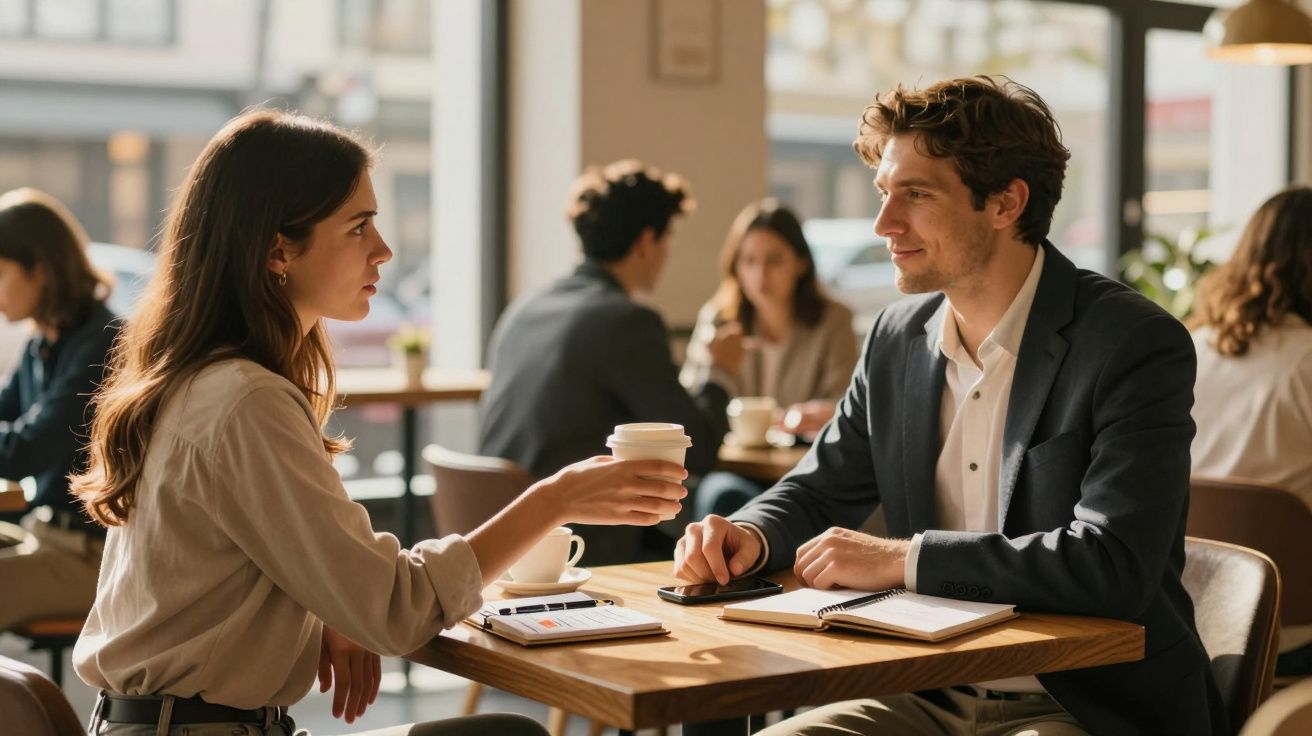 Duas pessoas conversando em um café, com uma segurando um copo de café e cadernos sobre a mesa.
