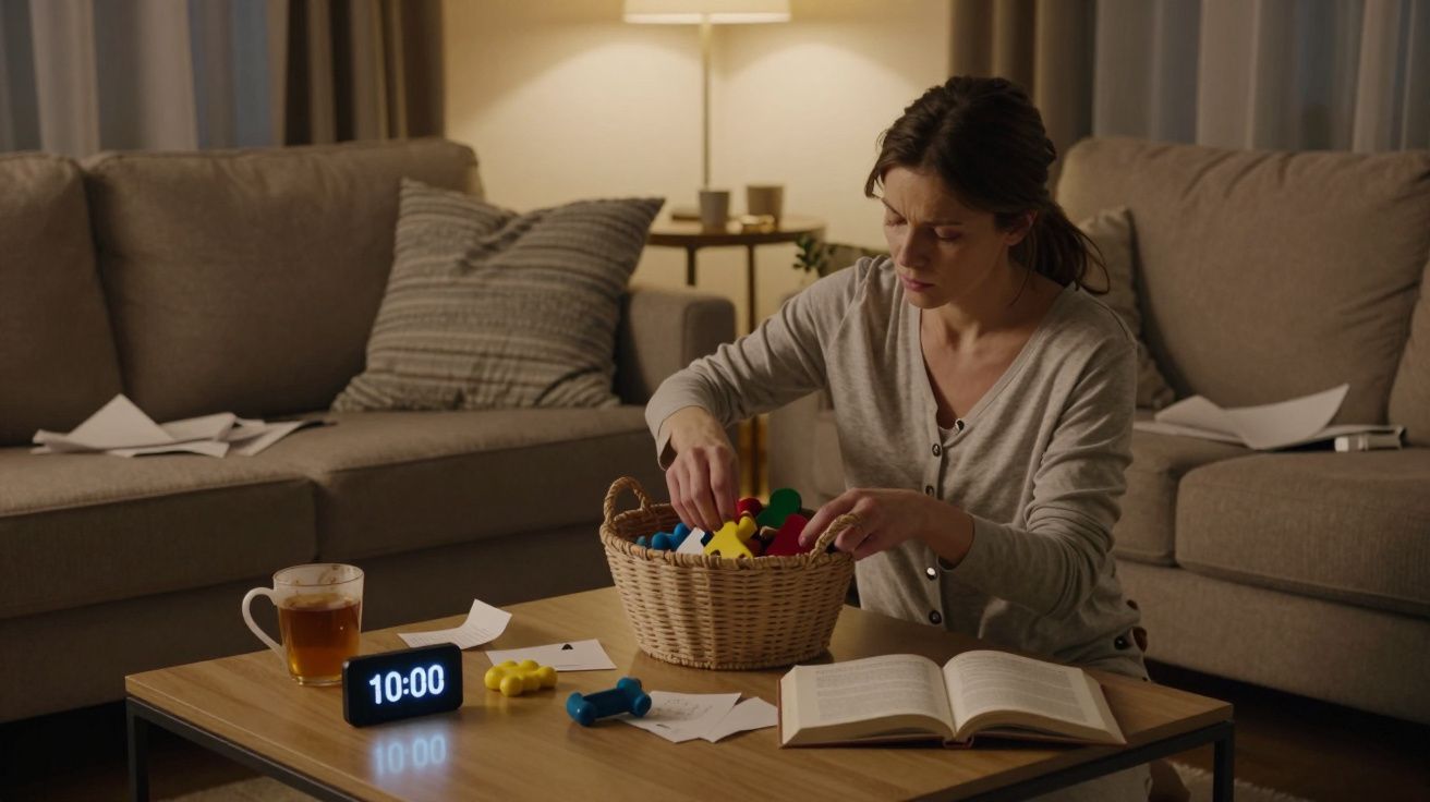 Mulher sentada à mesa recolhe peças coloridas de tabuleiro em cesta em sala iluminada à noite.