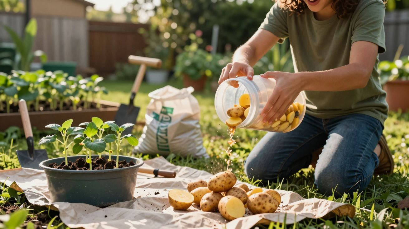 Pessoa despejando batatas pequenas de um pote ao lado de vasos de plantas em um jardim ensolarado.