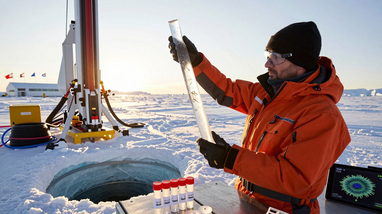 Pesquisador em traje laranja analisa amostra de gelo em ambiente polar ao lado de equipamento científico e tubo aberto no gel