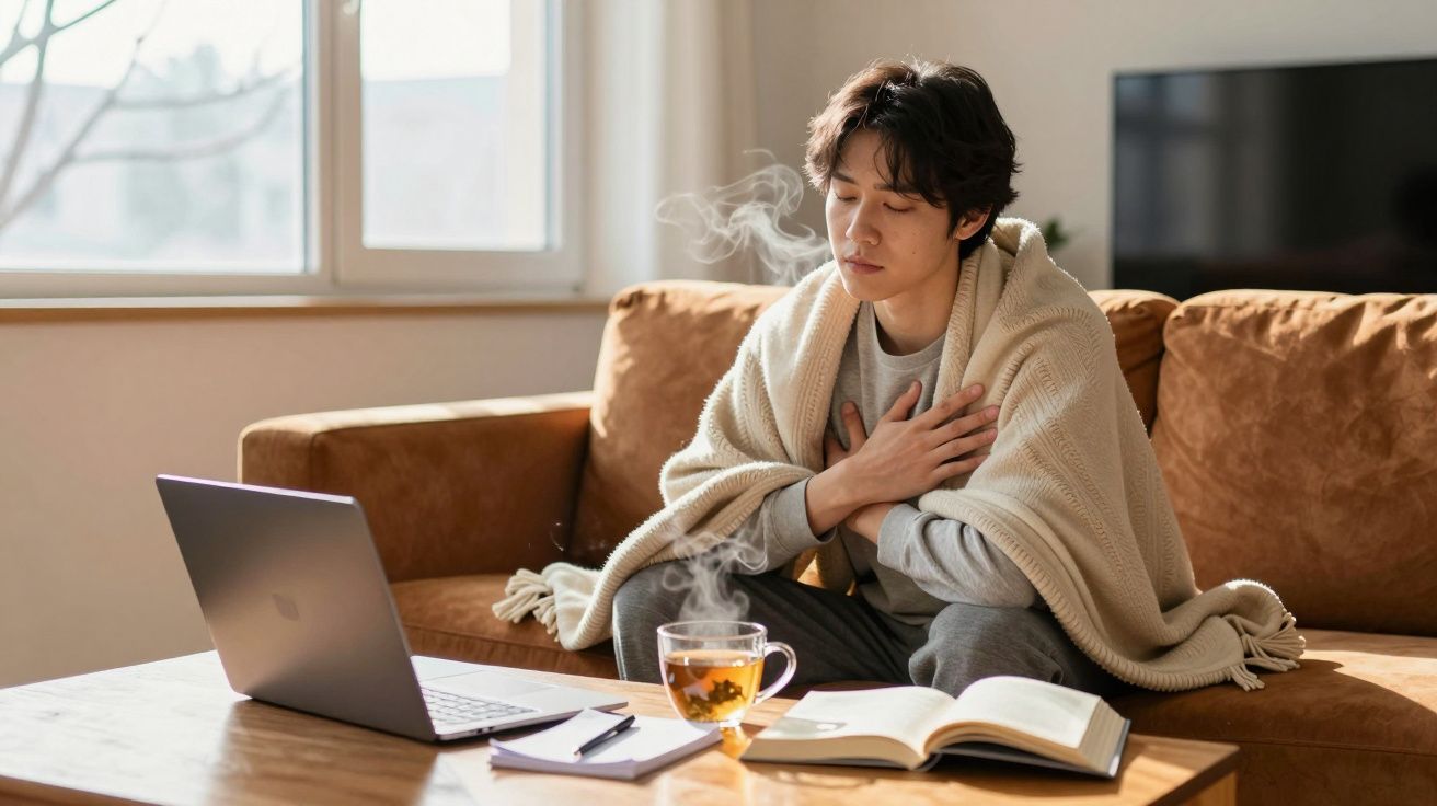 Pessoa com cobertor no sofá, segurando o peito, com laptop, livro e chá na mesa à frente.