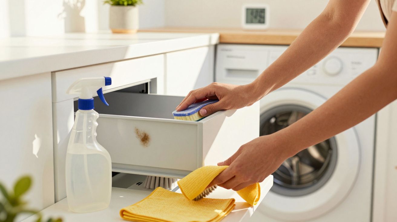 Mãos limpando gaveta suja com esponja dentro de lavanderia com máquina de lavar e pano amarelo.