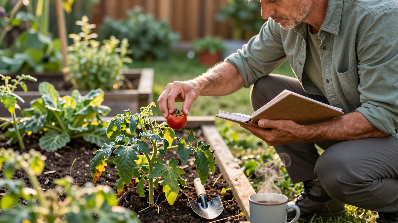 Homem colhendo tomate em horta enquanto consulta caderno e toma café ao ar livre.