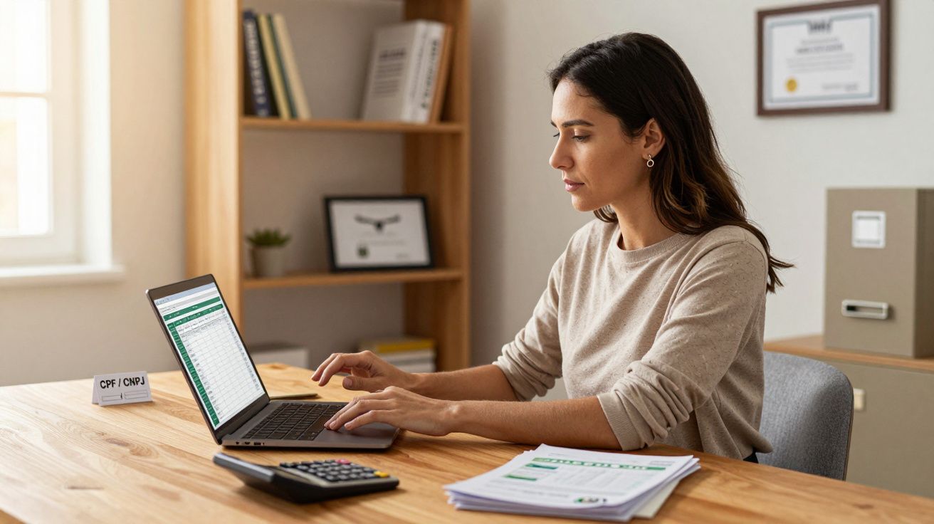 Mulher trabalhando com planilha em laptop em escritório, ao lado de calculadora e documentos.