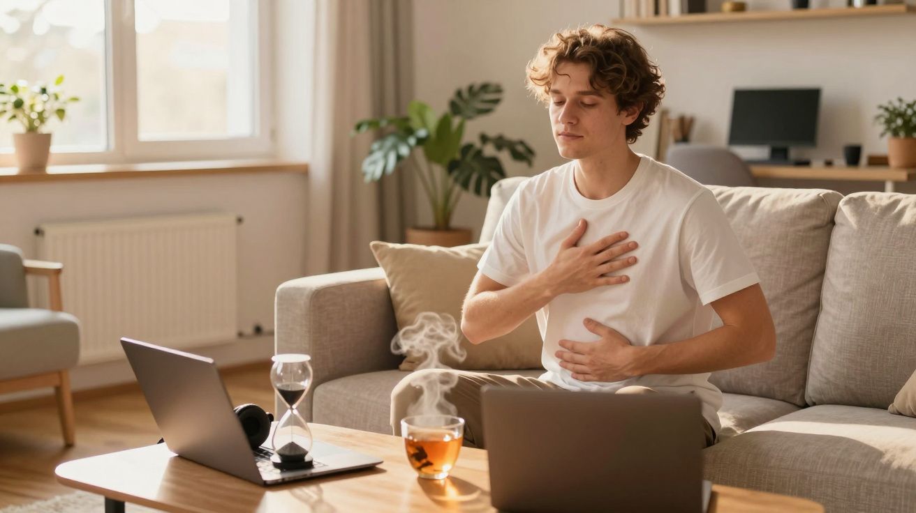 Jovem sentado no sofá fazendo exercício de respiração com mão no peito e na barriga.