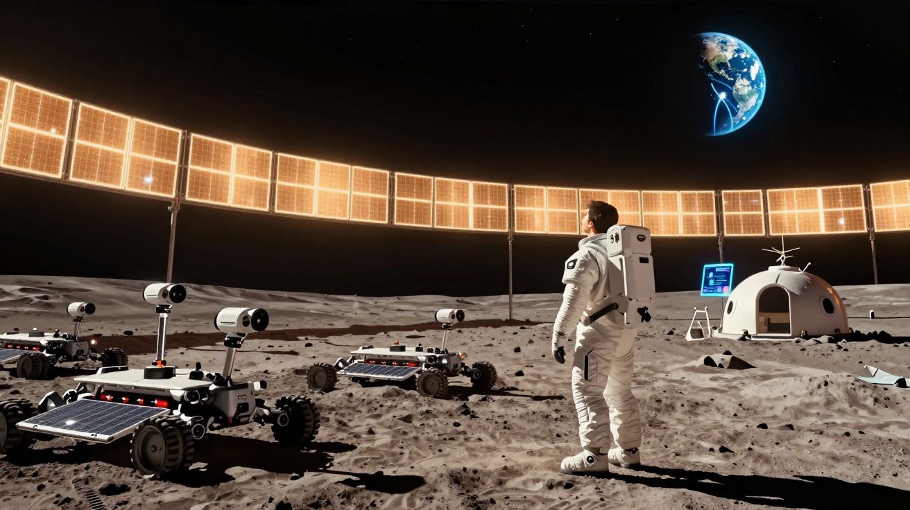 Astronauta observa painéis solares e robôs autônomos na superfície lunar com a Terra ao fundo.