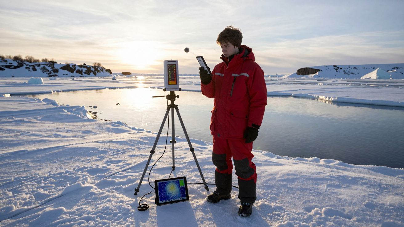 Pessoa vestindo roupa térmica vermelha opera equipamento científico no gelo próximo a uma lagoa congelada ao pôr do sol.