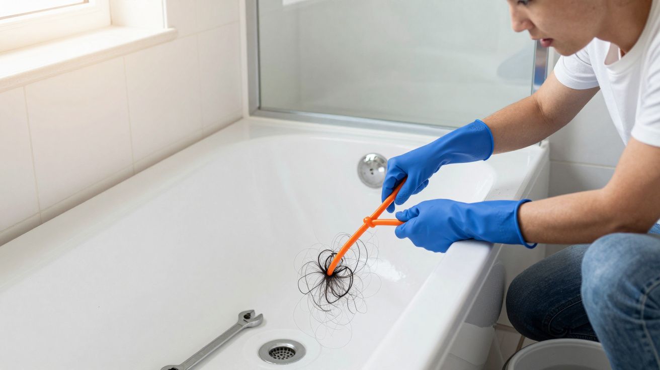 Pessoa com luvas azuis removendo cabelo entupido em banheira branca com ferramenta laranja.