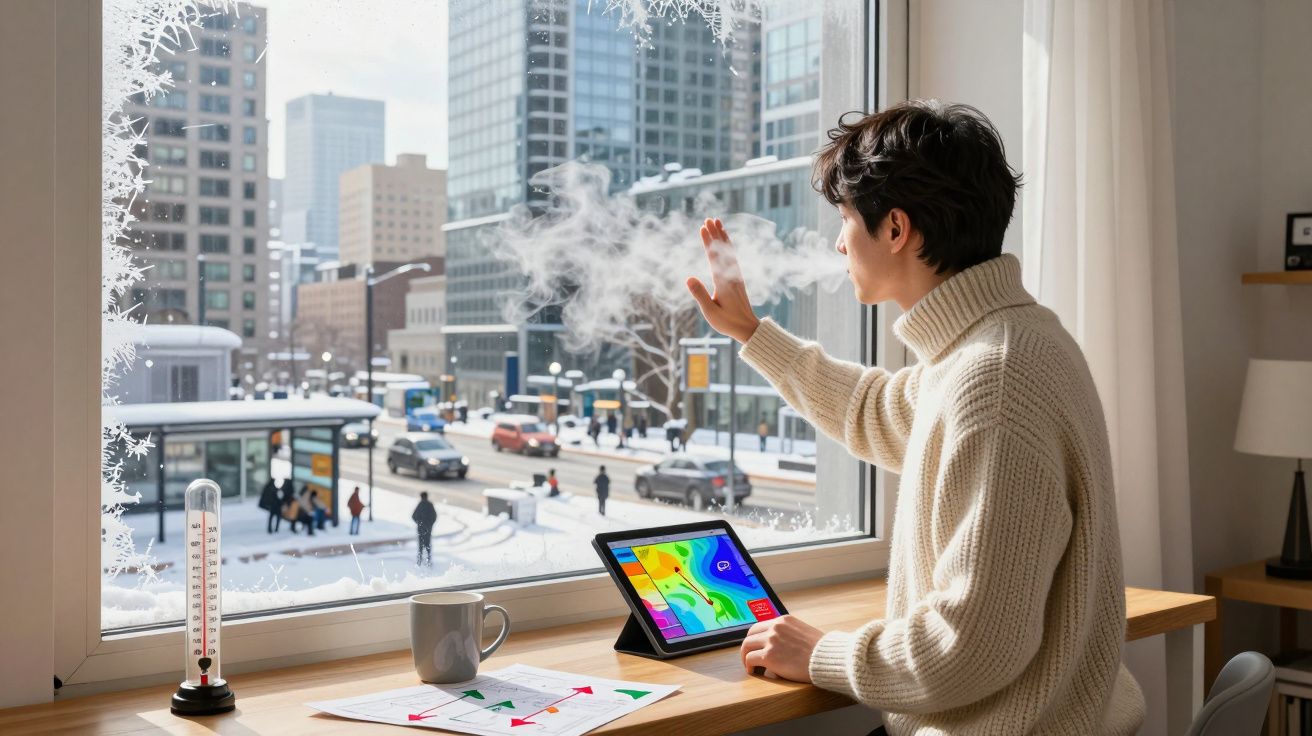 Pessoa olhando pela janela com vapor na mão em dia de frio, com tablet e copo em mesa perto do termômetro.