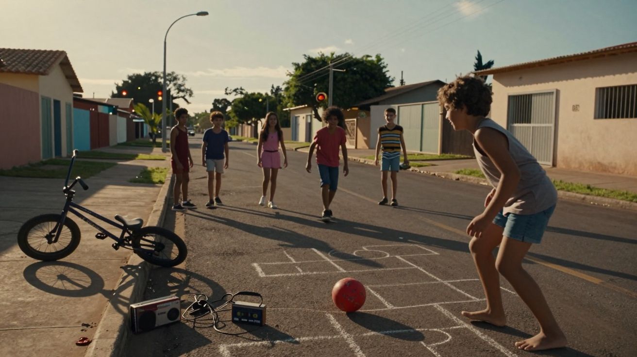 Crianças jogando amarelinha em rua residencial ao entardecer com bicicleta e toca-fitas no chão.